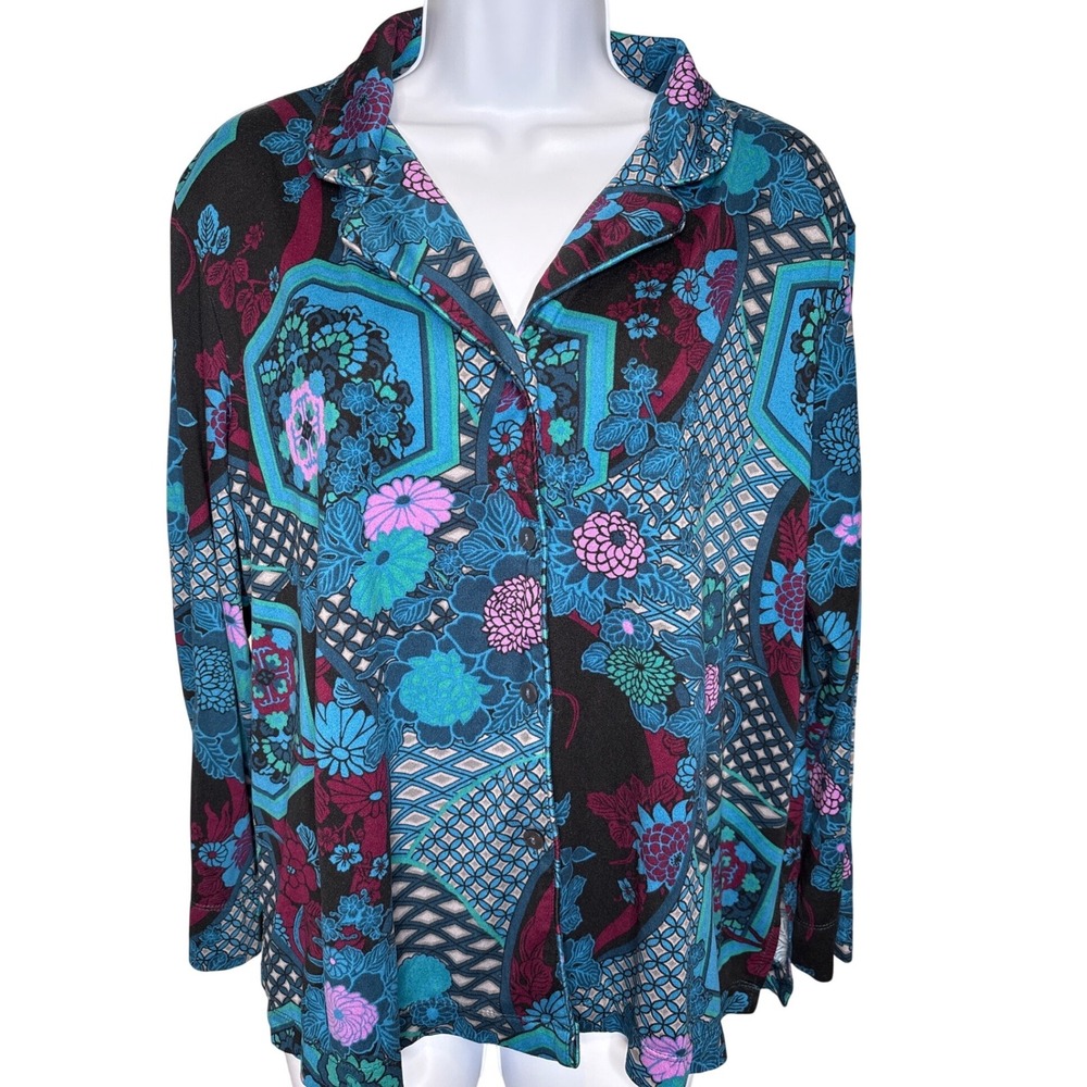 Natori Womens Blue Floral Button Front Top Size L Excellent Long‎ Sleeve Boho